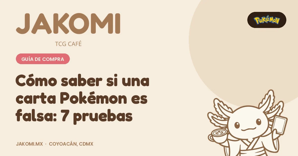 Cómo saber si una carta Pokémon es falsa: 7 pruebas · portada de la guía de Jakomi TCG Café