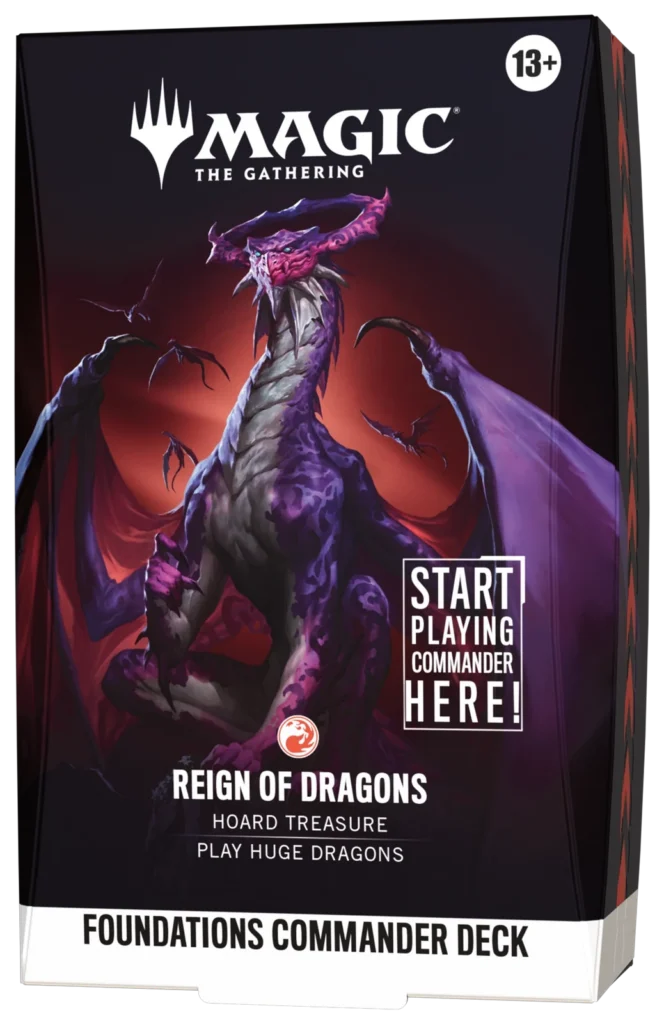 Caja del mazo precon Foundations Commander Deck Reign of Dragons de Magic: The Gathering