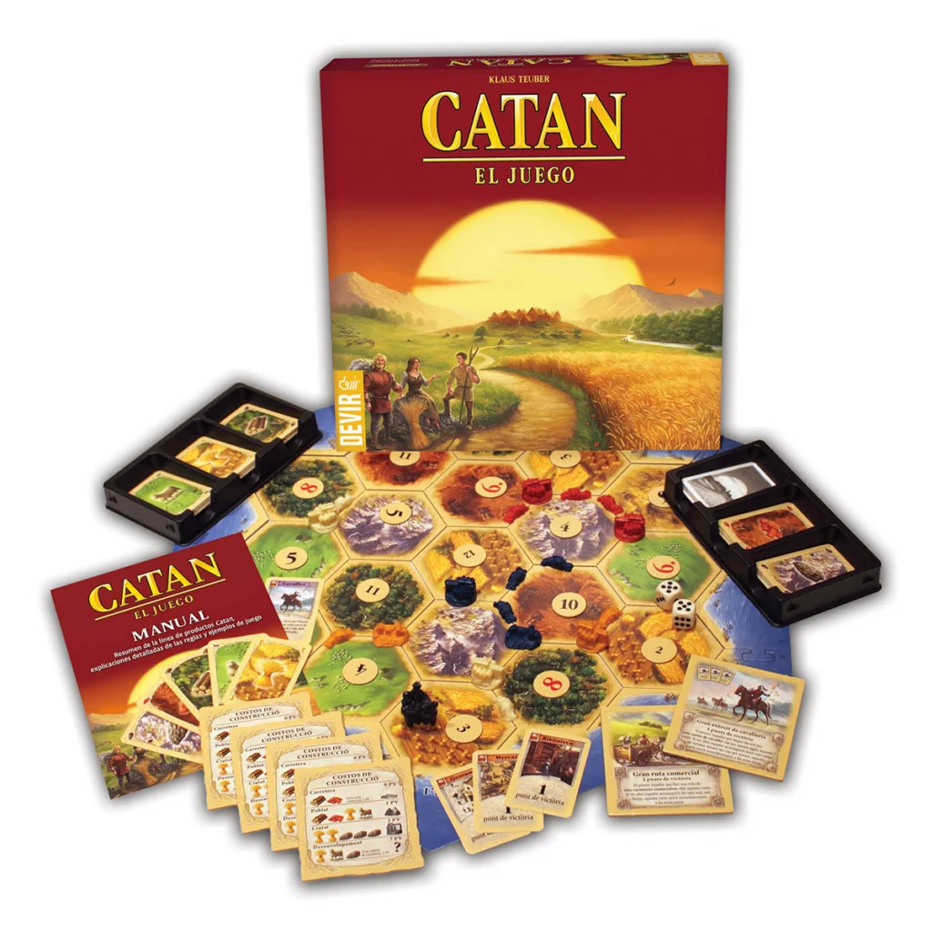 Piezas, cartas, dados y ficha del ladrón del juego Catan