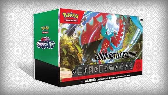 Caja Build & Battle Stadium de Paradox Rift (Estadio de Combate Brecha Paradójica) de Pokémon TCG, con dos mazos de 40 cartas