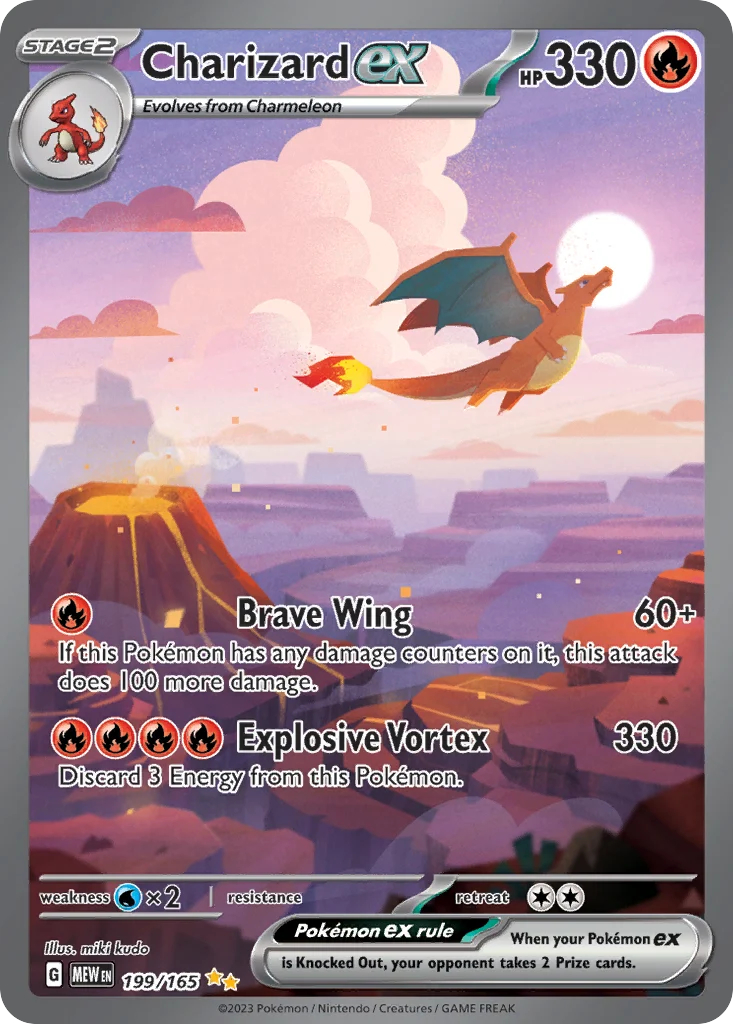 Carta Charizard ex 199/165 de Pokémon TCG Escarlata y Púrpura—151, con el código MEW junto al número de colección
