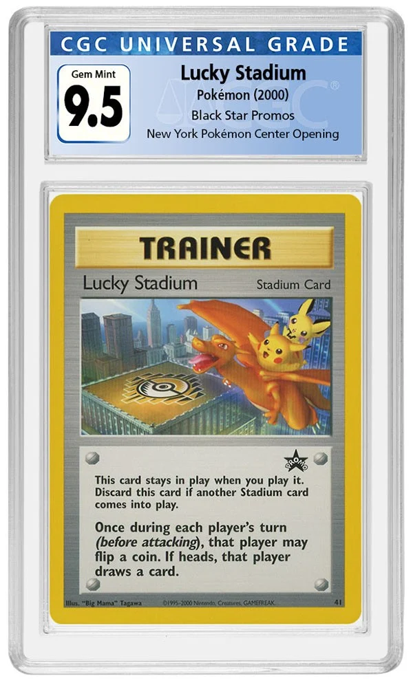 Carta promocional Pokémon Lucky Stadium graduada 9.5 Gem Mint por CGC dentro de su funda