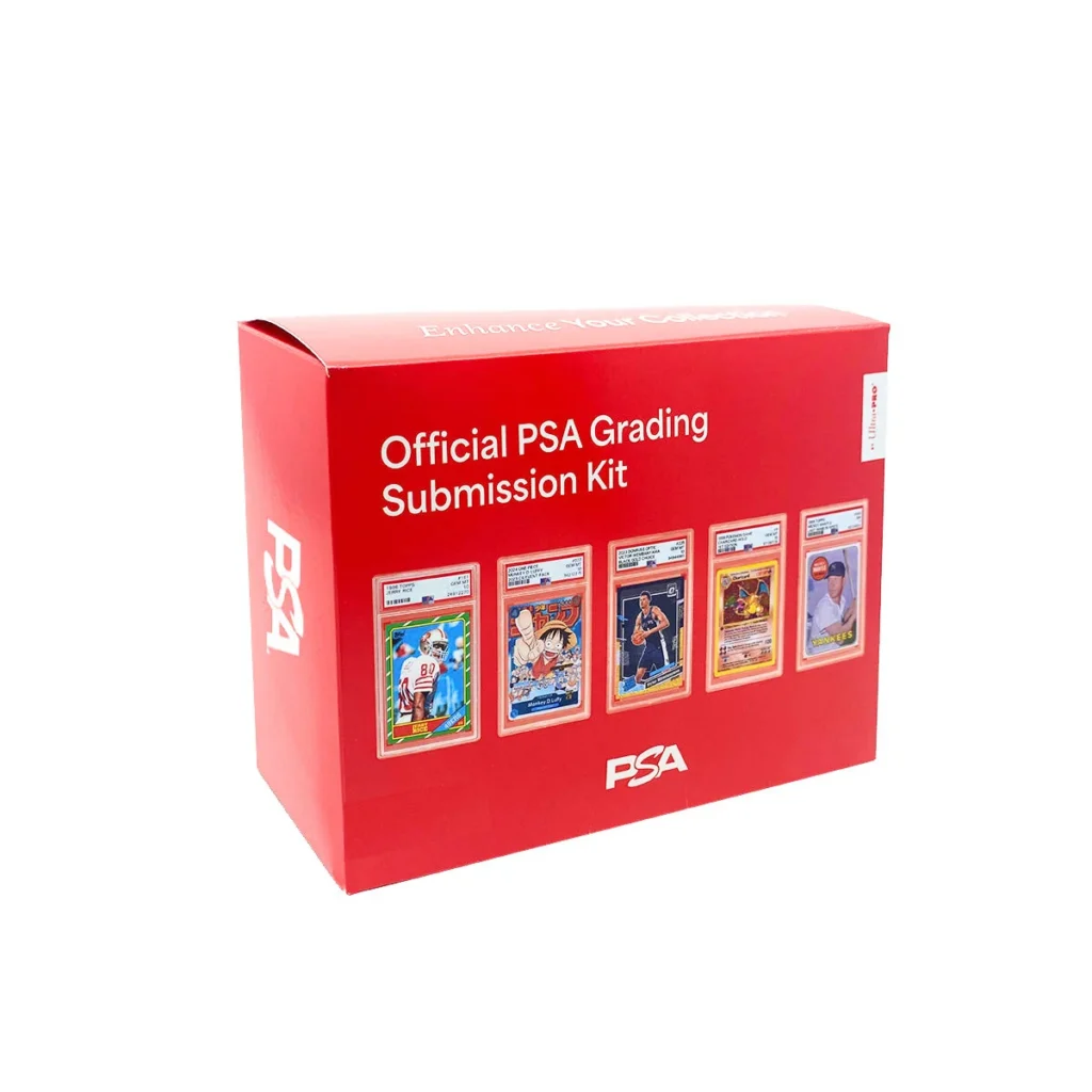 Kit oficial de PSA para enviar cartas a graduar, con ejemplos de cartas ya calificadas