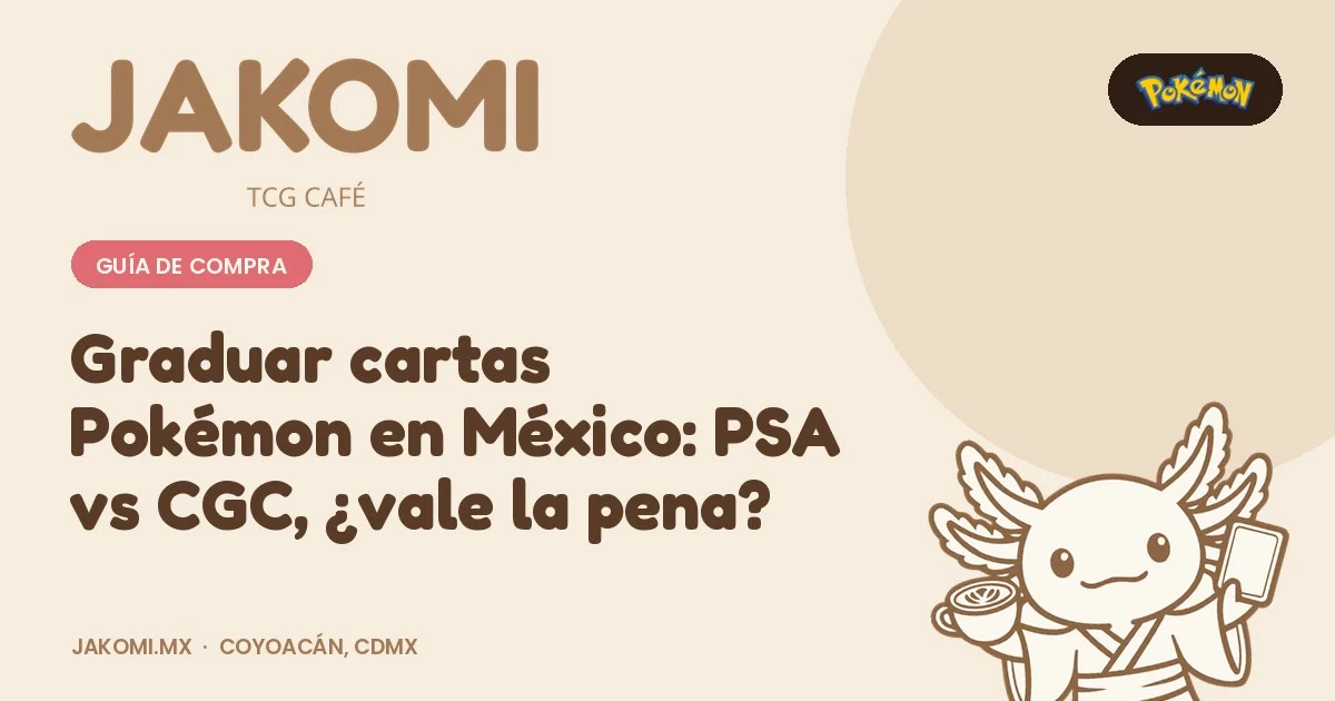 Graduar cartas Pokémon en México: PSA vs CGC, ¿vale la pena? · portada de la guía de Jakomi TCG Café