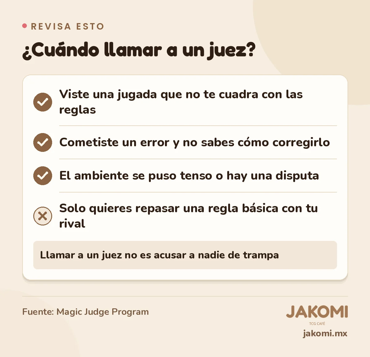 Infografía de Jakomi: ¿Cuándo llamar a un juez? Viste una jugada que no te cuadra con las reglas. Cometiste un error y no sabes cómo corregirlo. El ambiente se puso tenso o hay una disputa. Señal de alerta: Solo quieres repasar una regla básica con tu rival. Llamar a un juez no es acusar a nadie de trampa. Fuente: Magic Judge Program.