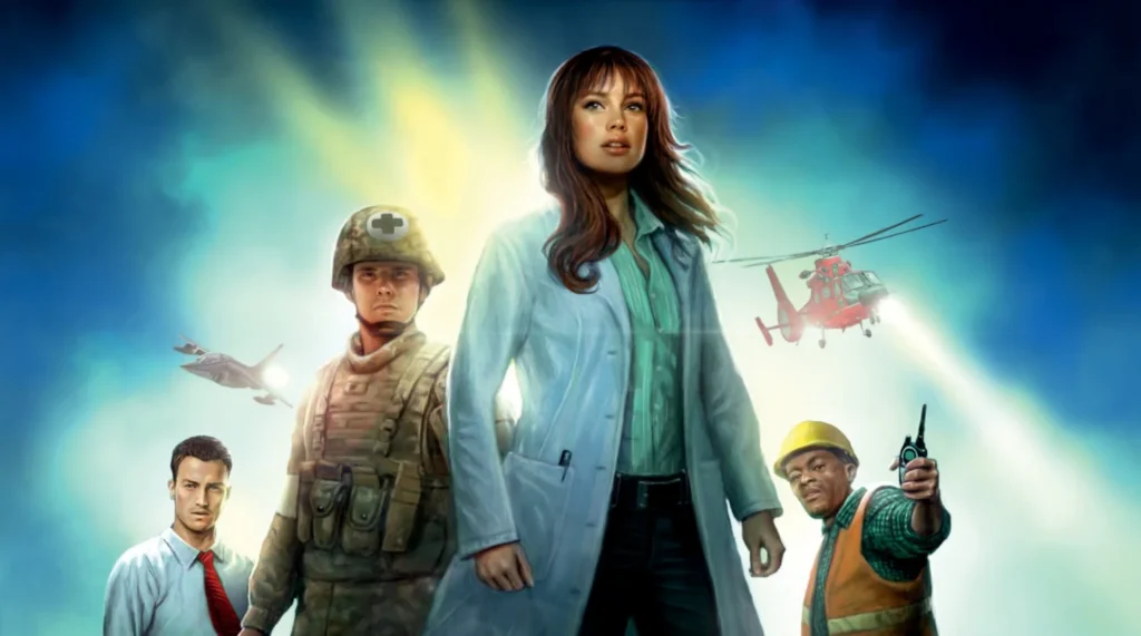 Equipo médico combate virus sobre un mapa mundial en la portada de Pandemic