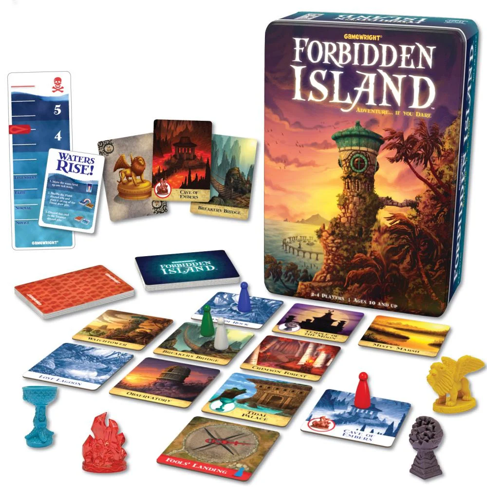 Lata de Forbidden Island con las losetas de la isla, cartas, peones y los cuatro tesoros