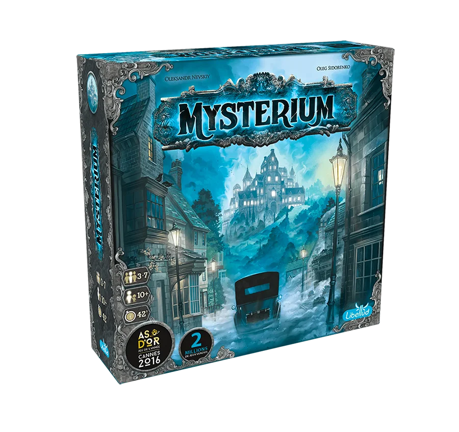 Portada de Mysterium con un fantasma y una médium rodeados de símbolos esotéricos