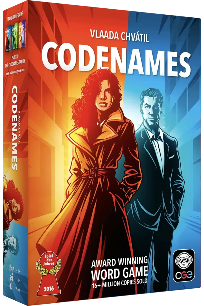 Caja del juego de cartas Codenames con su tipografía de agentes secretos