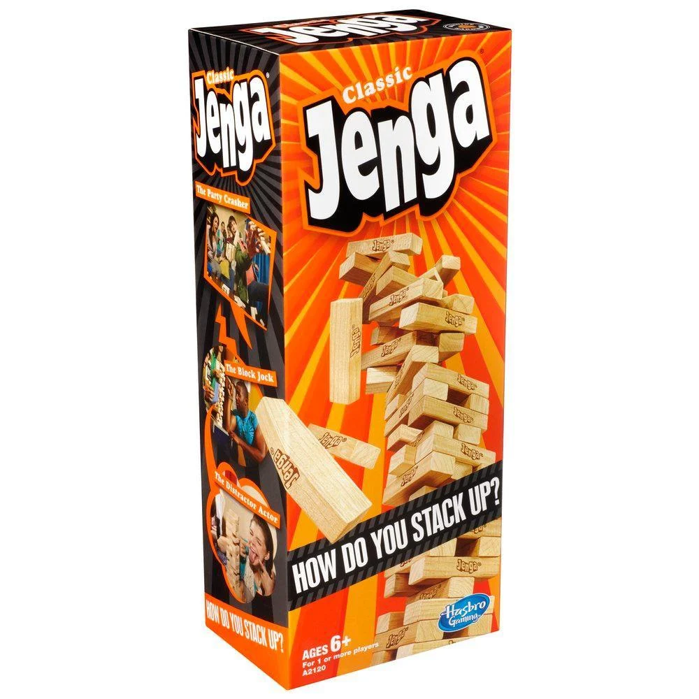 Caja del juego clásico Jenga, de bloques de madera apilables