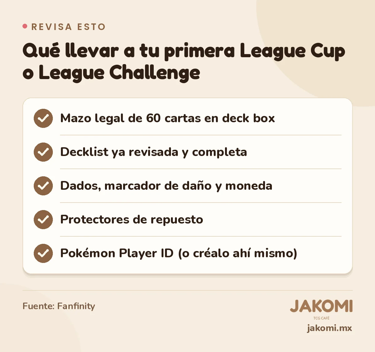 Infografía de Jakomi: Qué llevar a tu primera League Cup o League Challenge. Mazo legal de 60 cartas en deck box. Decklist ya revisada y completa. Dados, marcador de daño y moneda. Protectores de repuesto. Pokémon Player ID (o créalo ahí mismo). Fuente: Fanfinity.