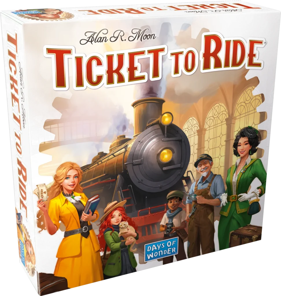 Caja de Ticket to Ride con un tren cruzando el mapa de Norteamérica