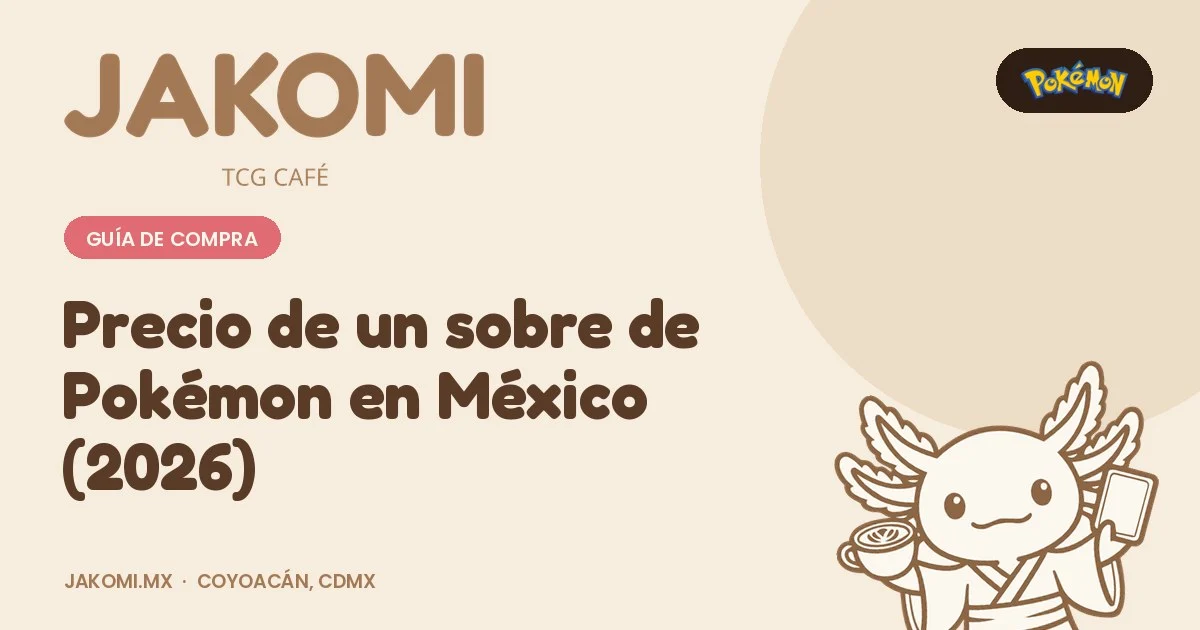 Precio de un sobre de Pokémon en México (2026) · portada de la guía de Jakomi TCG Café