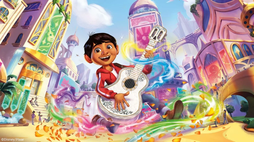 Arte oficial del set Hyperia City de Disney Lorcana, inspirado en Coco