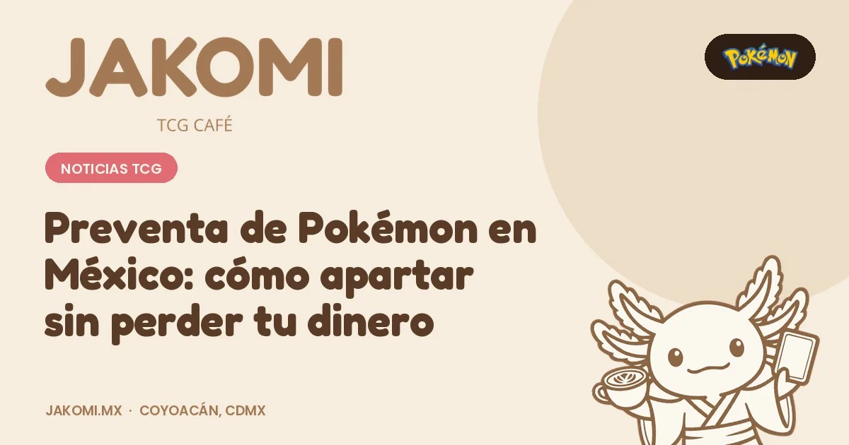 Preventa de Pokémon en México: cómo apartar sin perder tu dinero · portada de la guía de Jakomi TCG Café
