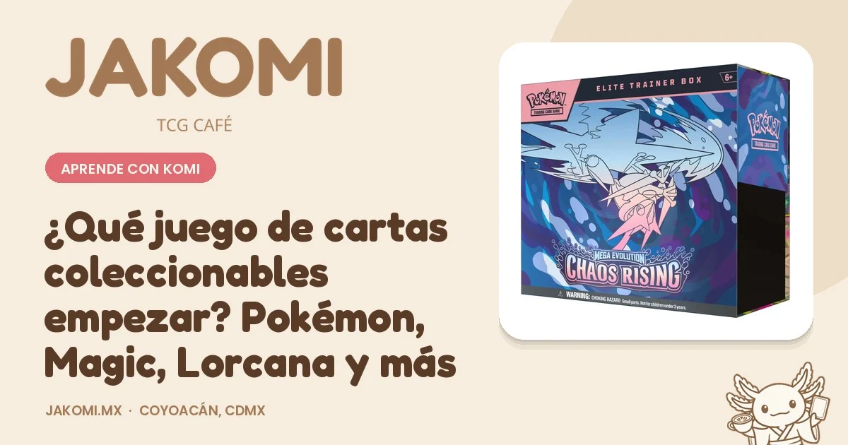 ¿Qué juego de cartas coleccionables empezar? Pokémon, Magic, Lorcana y más · portada de la guía de Jakomi TCG Café con la foto del producto