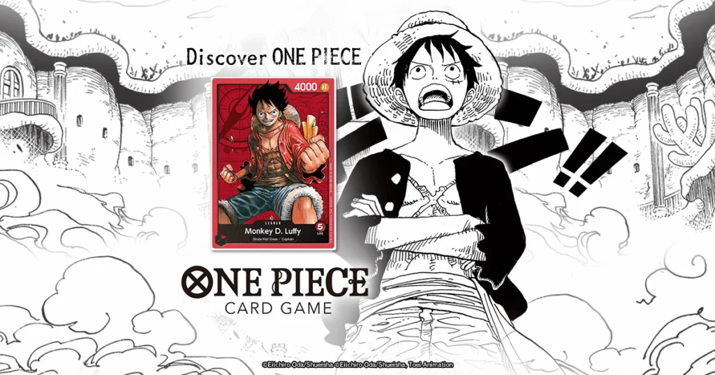 Carta de Monkey D. Luffy como líder junto al logo oficial de One Piece Card Game