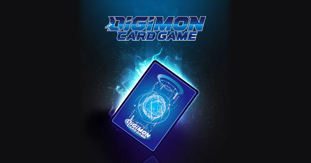 Logo de Digimon Card Game sobre una carta con efecto de energía azul