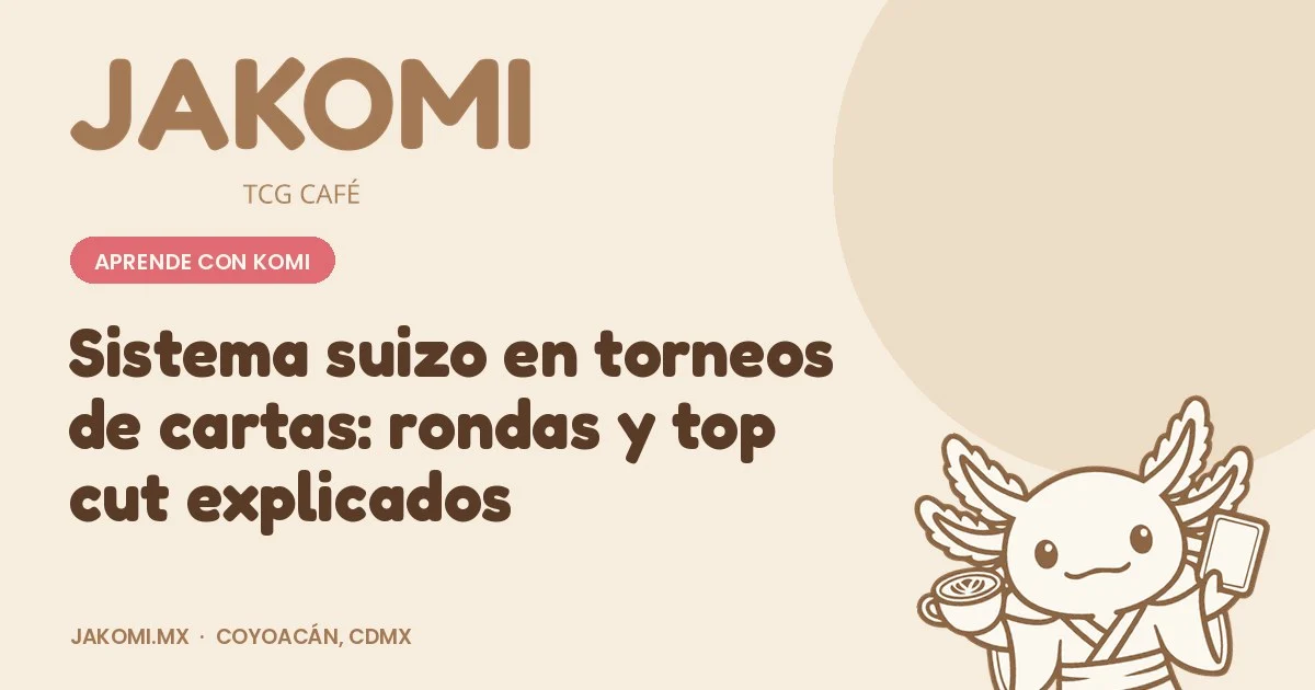 Sistema suizo en torneos de cartas: rondas y top cut explicados · portada de la guía de Jakomi TCG Café