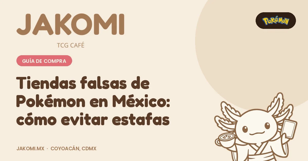 Tiendas falsas de Pokémon en México: cómo evitar estafas · portada de la guía de Jakomi TCG Café