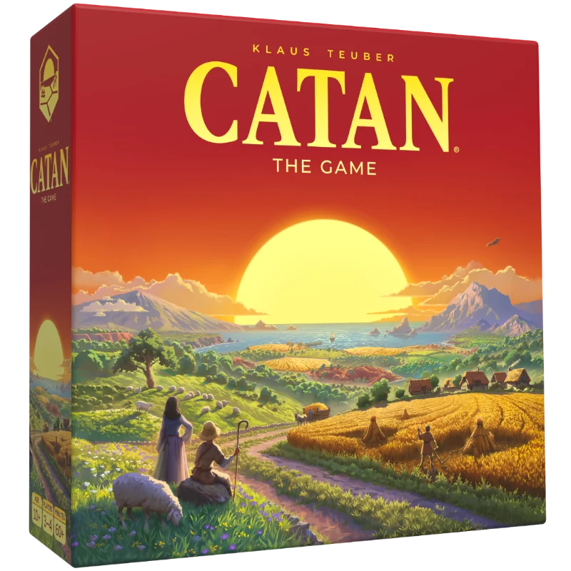 Caja del juego de mesa Catan con la isla ilustrada en 3D