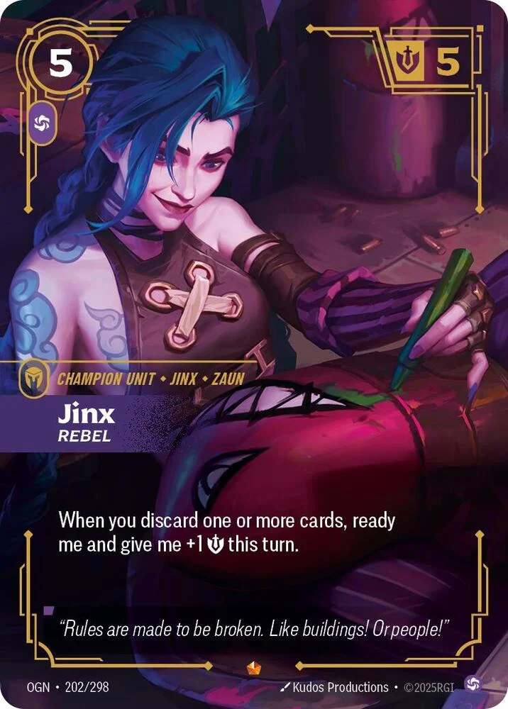 Carta de Jinx, Rebel, rareza Épica del set Origins de Riftbound