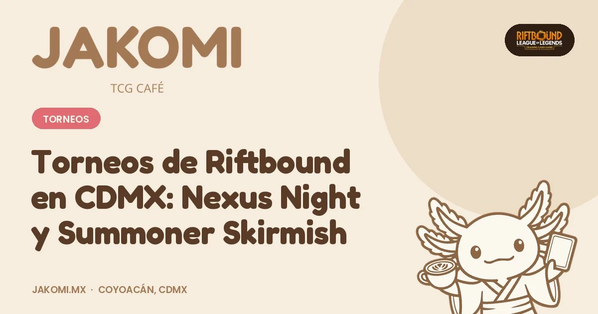 Torneos de Riftbound en CDMX: Nexus Night y Summoner Skirmish · portada de la guía de Jakomi TCG Café